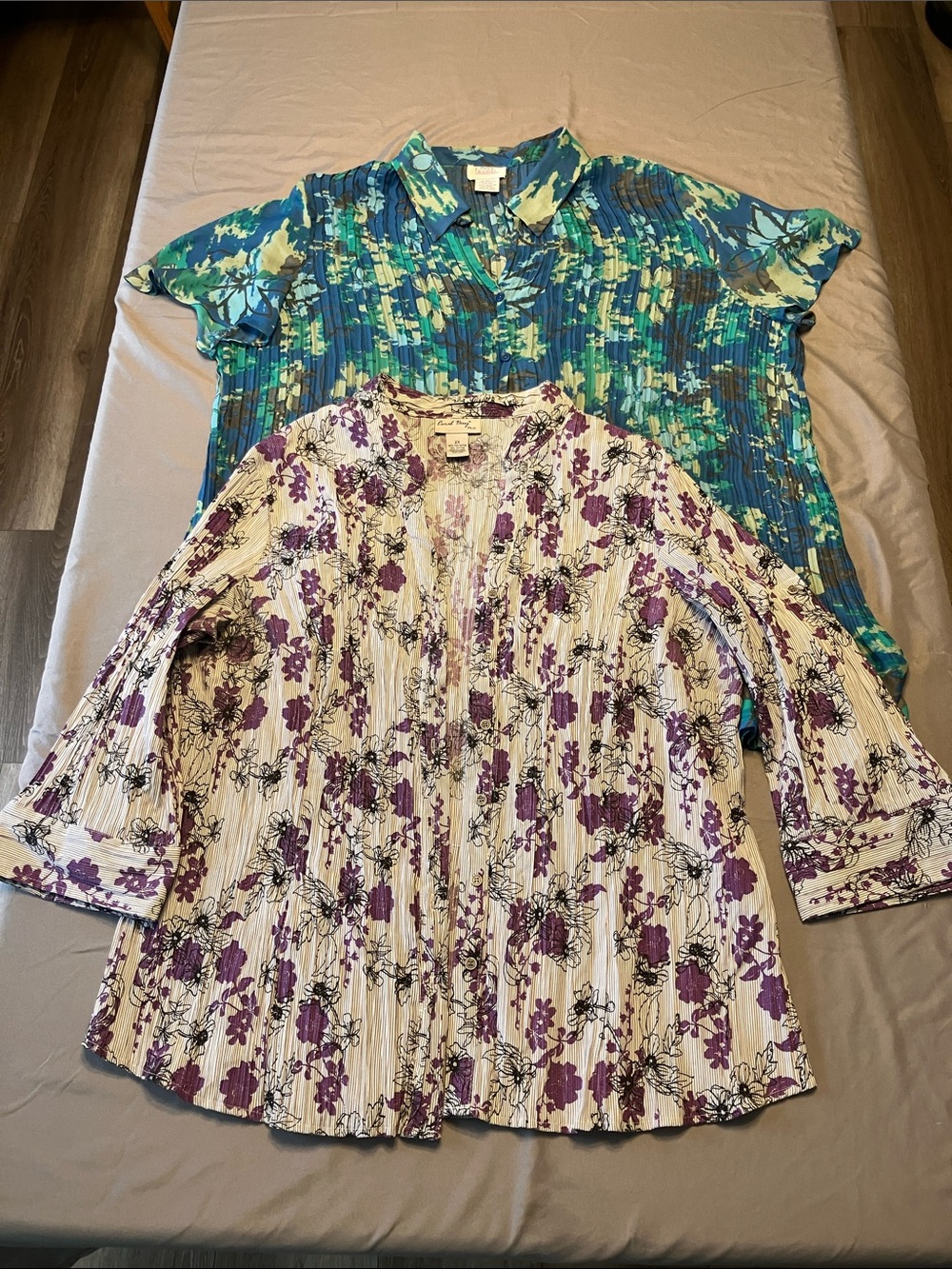 2 Pleated Floral Button-Front Blouses- Purple/Gray and Blue/Green Size 2X